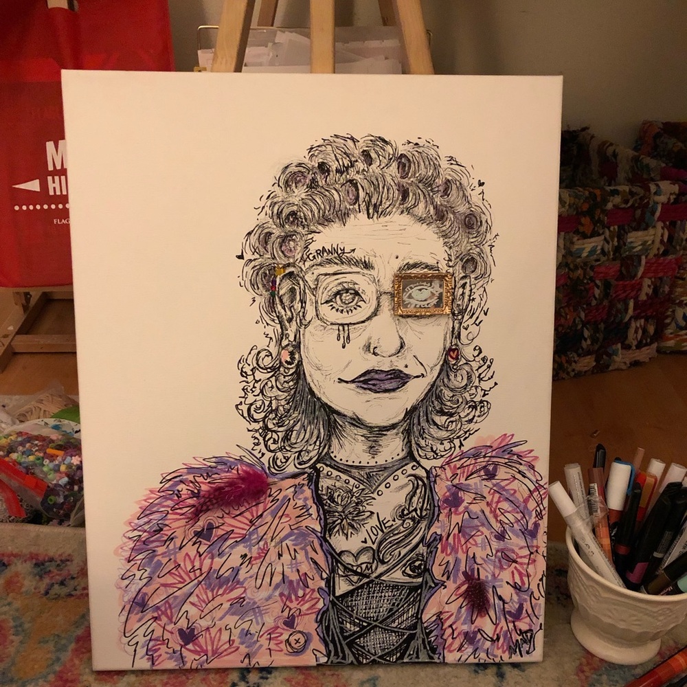 Canvas art! Mixed media! unframed. Edgy badass grandma.